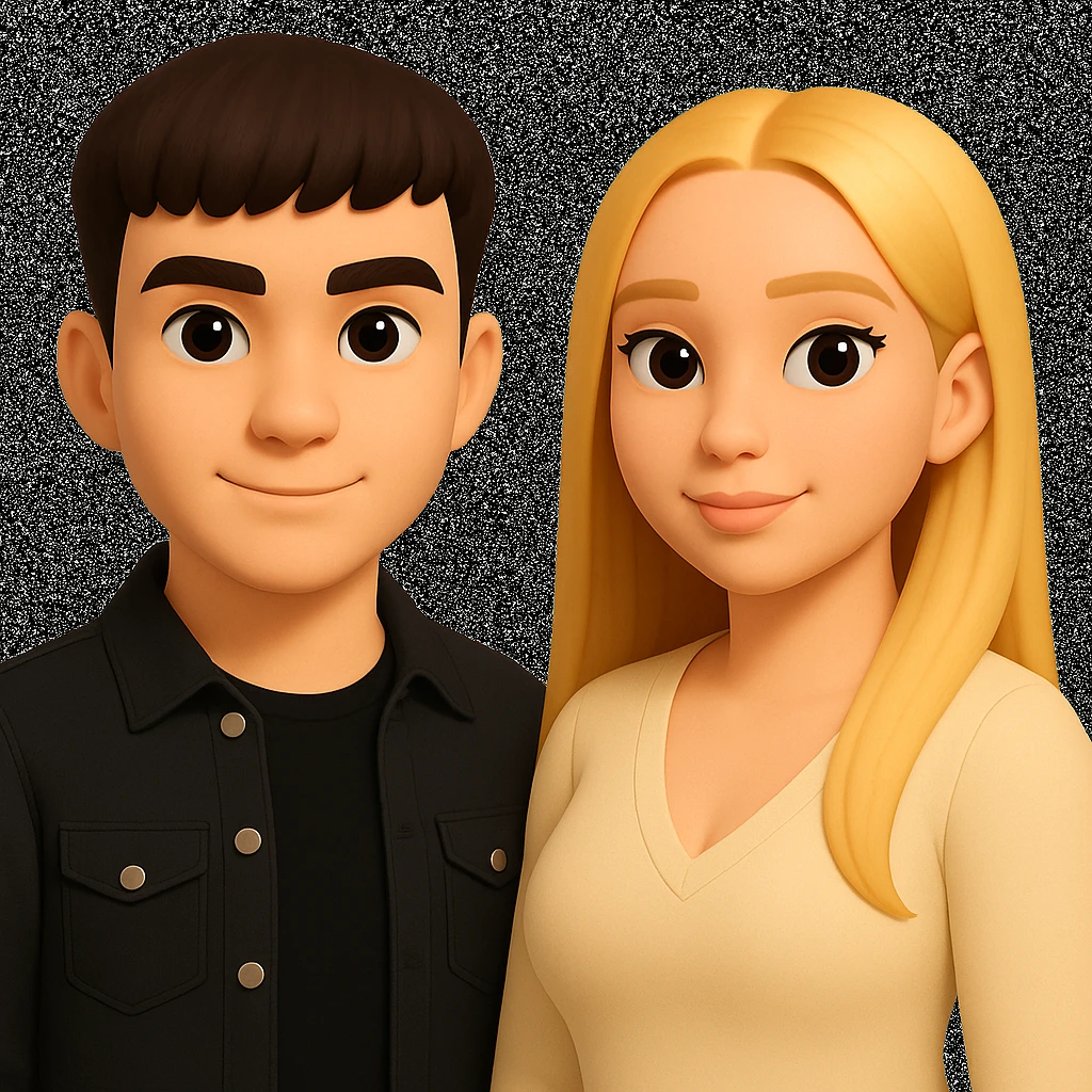 Slightly increase the volume of the upper body of the girl, spread them far apart from each other, make the skin color the same for both characters, while preserving the cartoonish 3D style as seen in the reference image. emoji