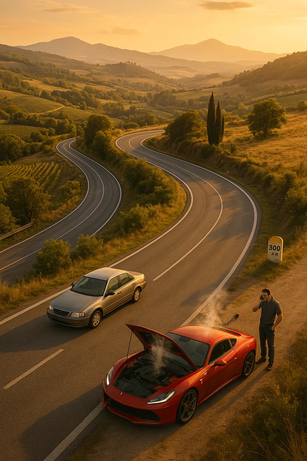 "Aerial view of winding mountain road through Italian countryside, steady reliable sedan maintaining consistent pace with confident driver, versus flashy supercar stopped at roadside with hood open and steam rising, mechanic being called on phone, 300km milestone sign visible in distance, moral lesson about reliability over showmanship, golden hour lighting" emoji