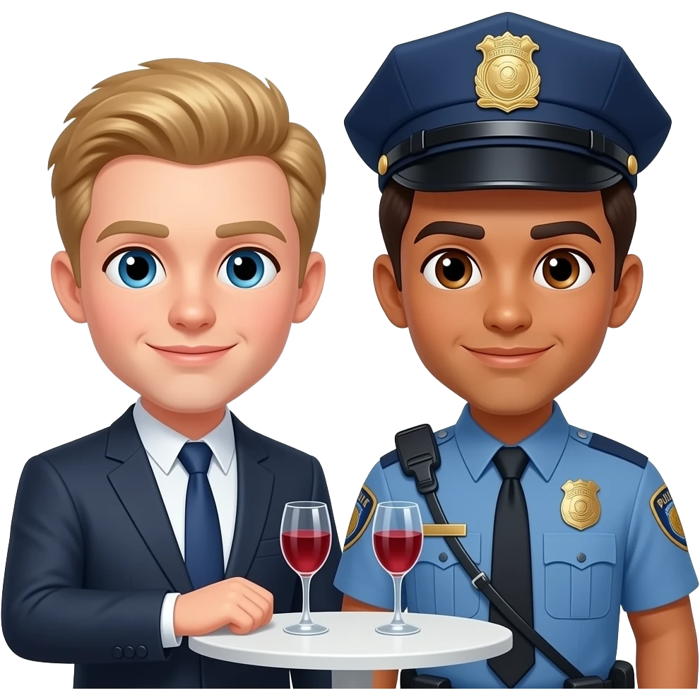 Make a young gay couple on a Date , one has light Skin with Blond Hair and Blue Eyes, the other one has slightly brown skin witz dark Brown Hair and Brown Eyes. The blond one is dressed as a banker, the brown one is dressed as a police officer. emoji