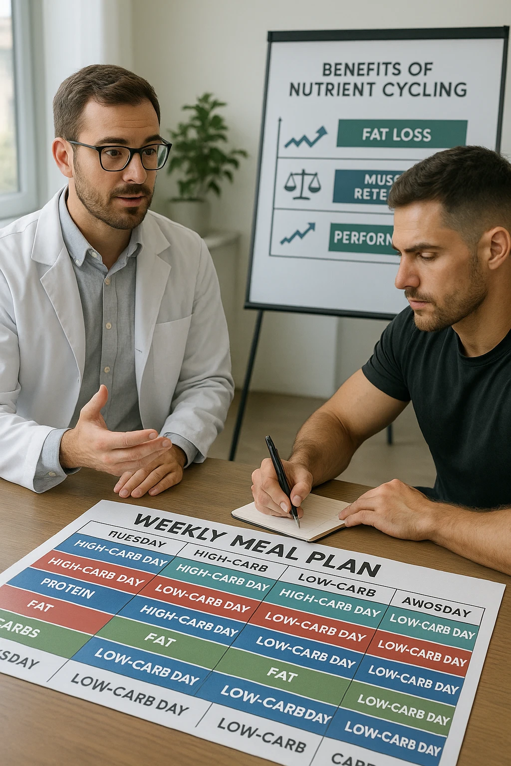 a nutritionist explains to an athlete how to cycle macronutrients for fat loss and training. On the desk, a weekly meal planner shows alternating high-carb and low-carb days, with color-coded sections for proteine, grassi, and carbo. The athlete takes notes, and a chart in the background illustrates the benefits of nutrient cycling. The mood is professional and educational. scritto in italiano emoji