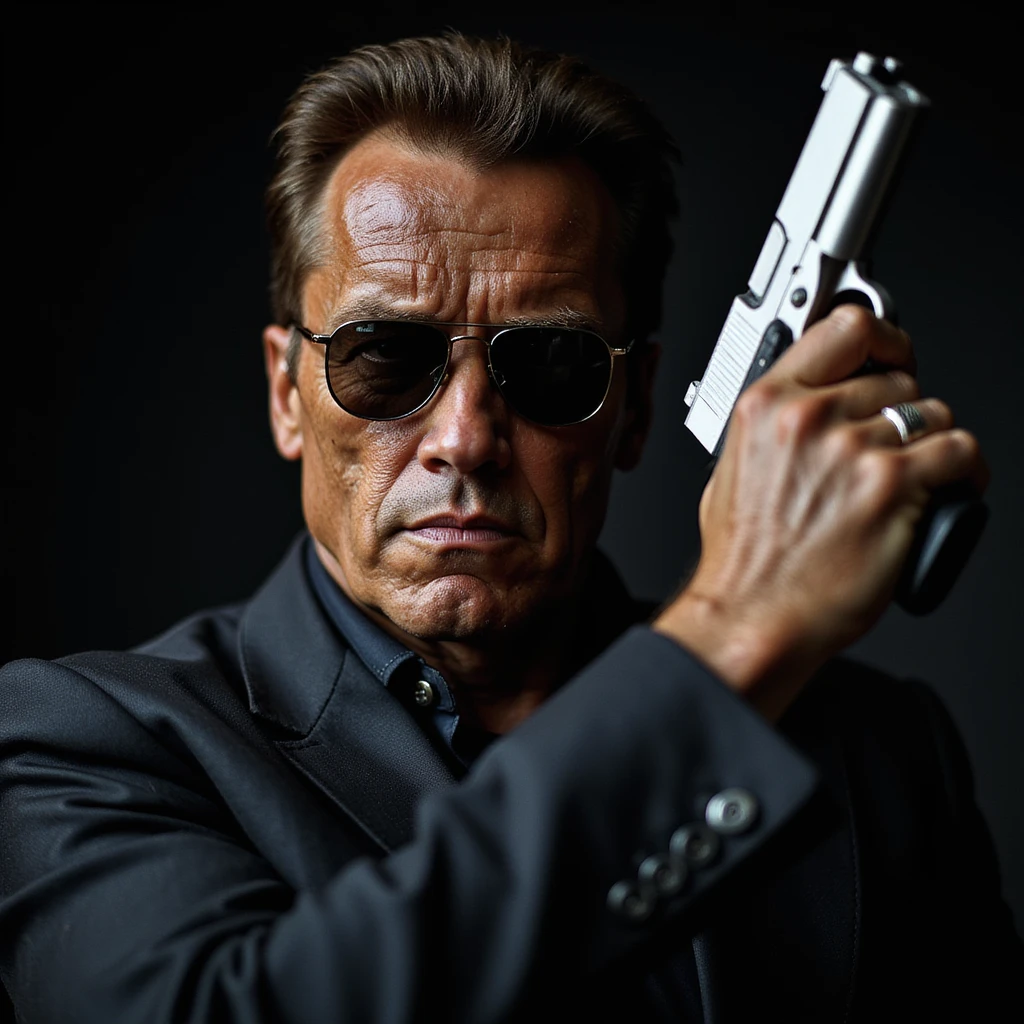 realistic style, close-up of the Terminator (Arnold Schwarzenegger) with sunglasses, holding a gun up, dramatic lighting emoji