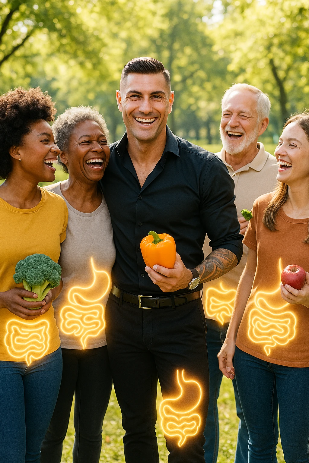  a smiling man stands at the center of a group of diverse, happy people in a bright park. Everyone has a subtle, glowing outline around their abdominal area, symbolizing a healthy gut. The group is laughing, sharing fresh fruits and vegetables, and the atmosphere is vibrant and full of energy. emoji