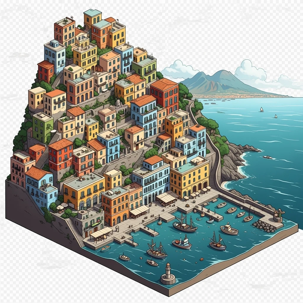 Isometric illustration of Naples, featuring colorful stacked coastal houses, highly detailed in semi-realistic style with sharp outlines, balanced between stylized and realistic, 3D miniature effect, transparent background. emoji