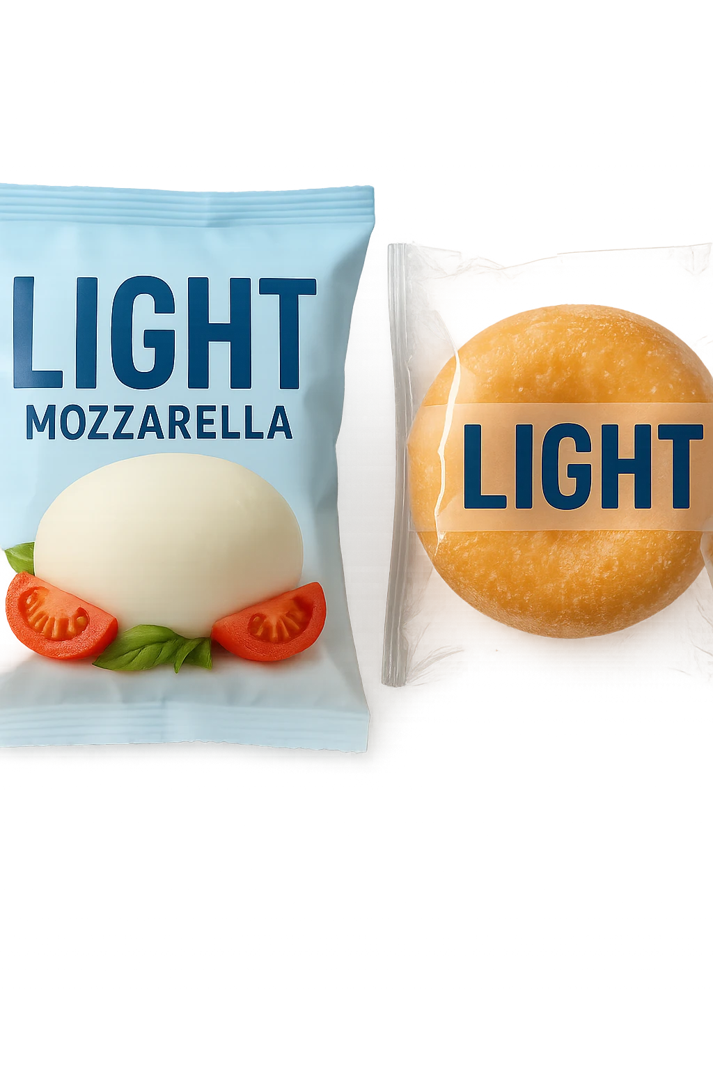 PACCHTTO DI MOZZARELLA LIGHT CON LA SCRITTA "LIGHT" SULLA CONFEZIONE, ACCANTO AD UN DONUT CONFEZIONATO CON LA SCRITTA "LIGHT" SULL'ETICHETTA,  iperrealistico 4k emoji