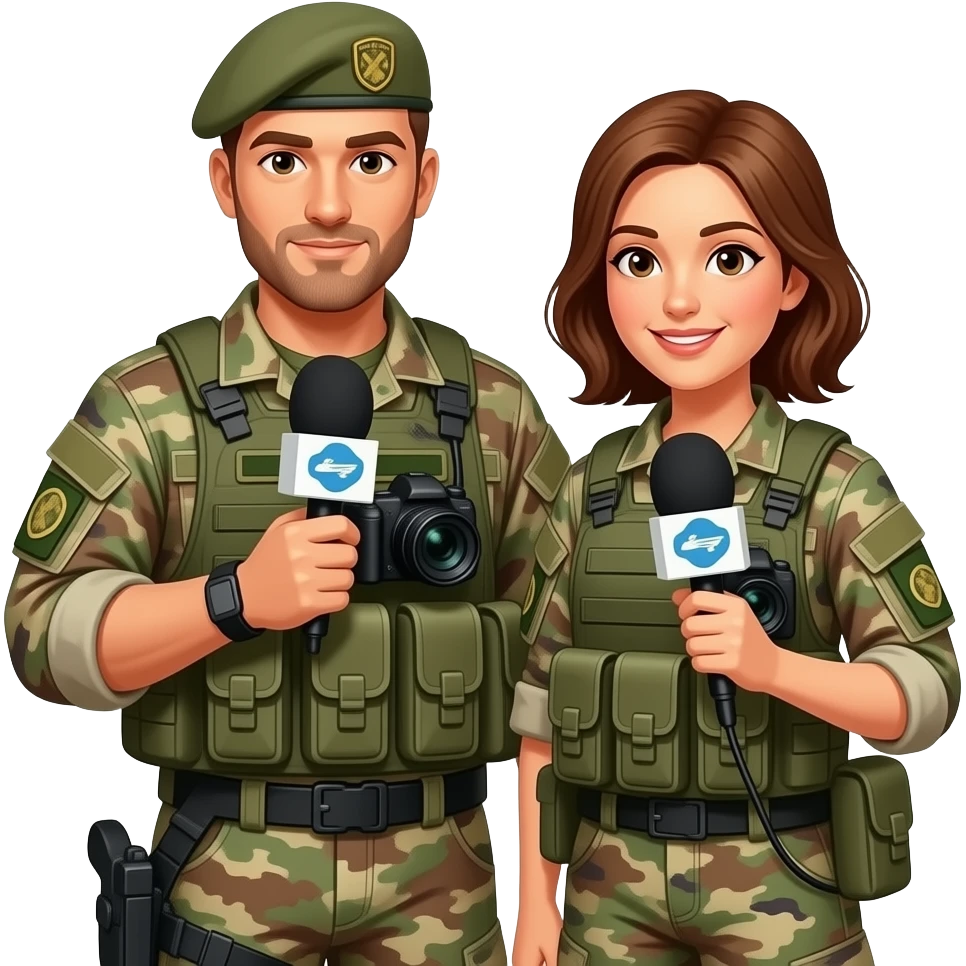 pareja hombre-mujer corresponsales de guerra, con atuendo de camuflaje emoji