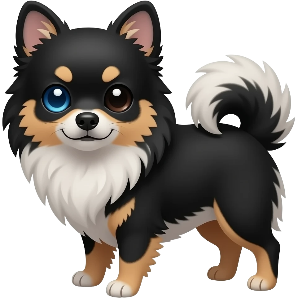 merle pomeranian with black and gray fur. make sure his dominant color is black, his left eye is color blue, his right eye is color black. do not add white and brown color to his fur emoji