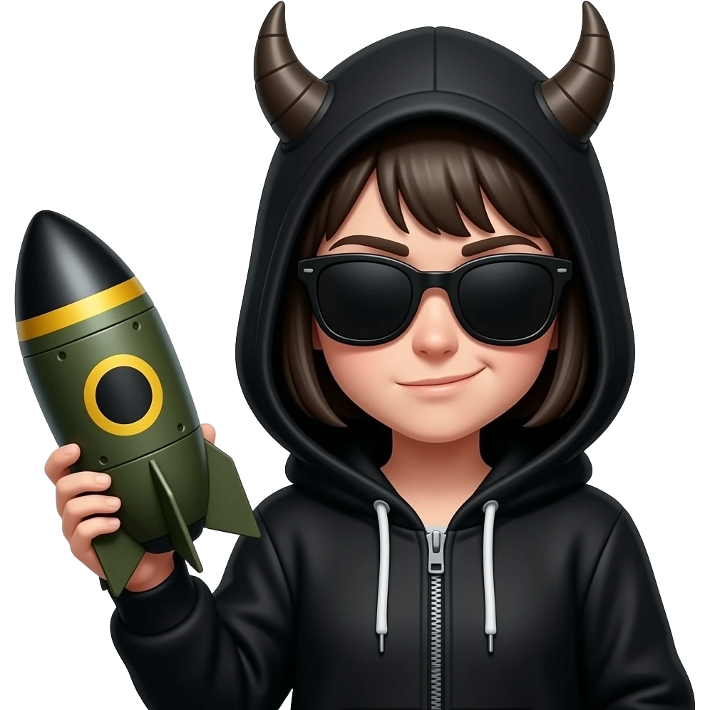 A girl wearing a Black hoodie with entire face is hidden in shadow. She’s wearing blacK sunglasses, small horns under her hoodie, a closed mouth smirk on her face holding a large nuke in one hand. One eyebrow raised emoji