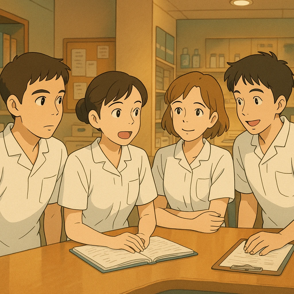 Quatre étudiants infirmiers en équipe, en pleine discussion dans un poste de soin, style Ghibli. Uniformes blancs à manches courtes, tuniques médicales col en V, poche poitrine à gauche, sans pied de col ni stéthoscopes, rien ne dépasse des manches. Les personnages reprennent les traits des quatre photos fournies. emoji