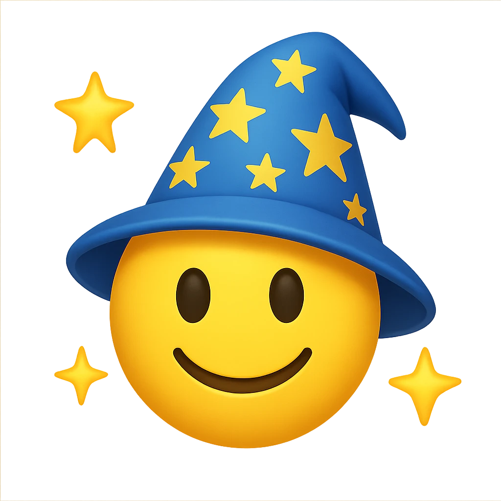 yellow face with blue wizard hat and stars emoji, digital illustration emoji
