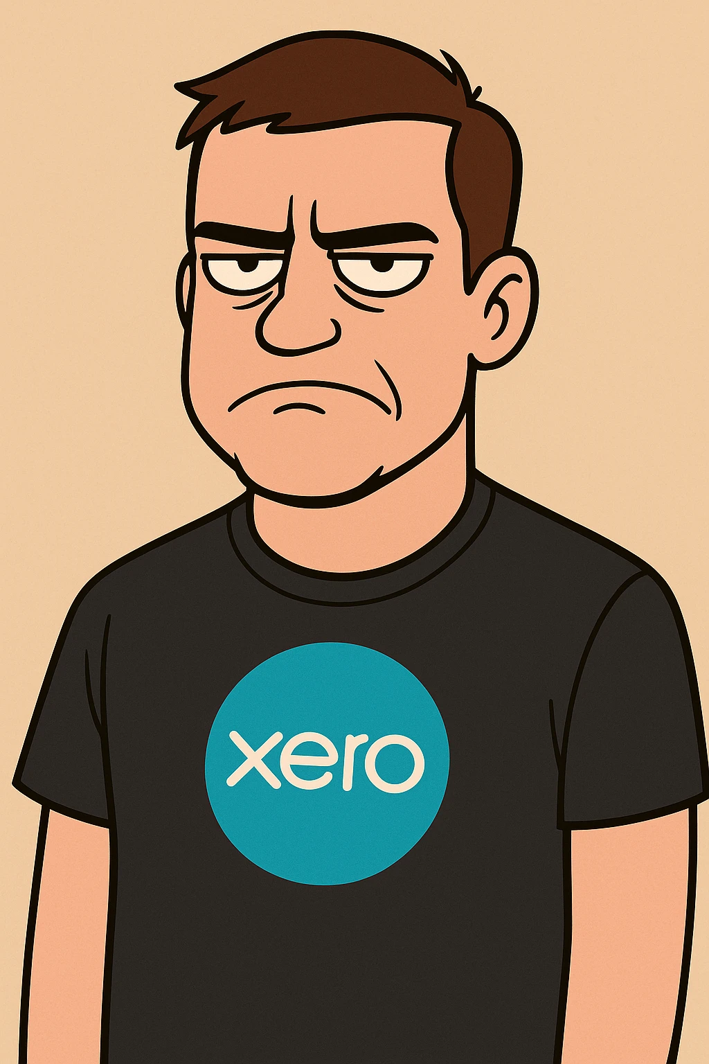 Create a cartoon style image of a man with short brown hair, wearing a black Xero t-shirt, with a not amused expression. Use a simple background. emoji