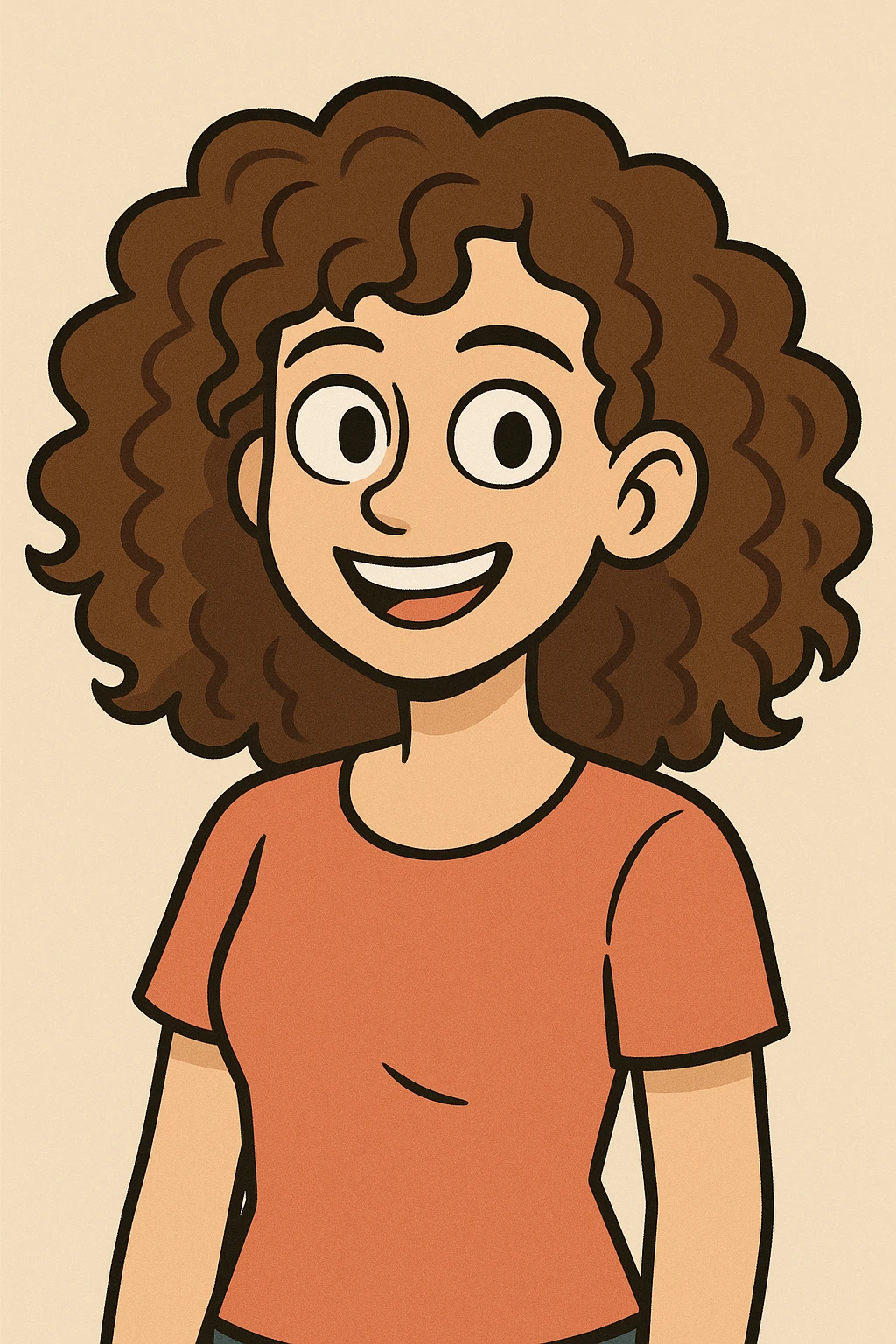 white girl with brown eyes and brown hazelnut curly hair 3b-3c, smiling, upper body, plain background, cartoon style emoji