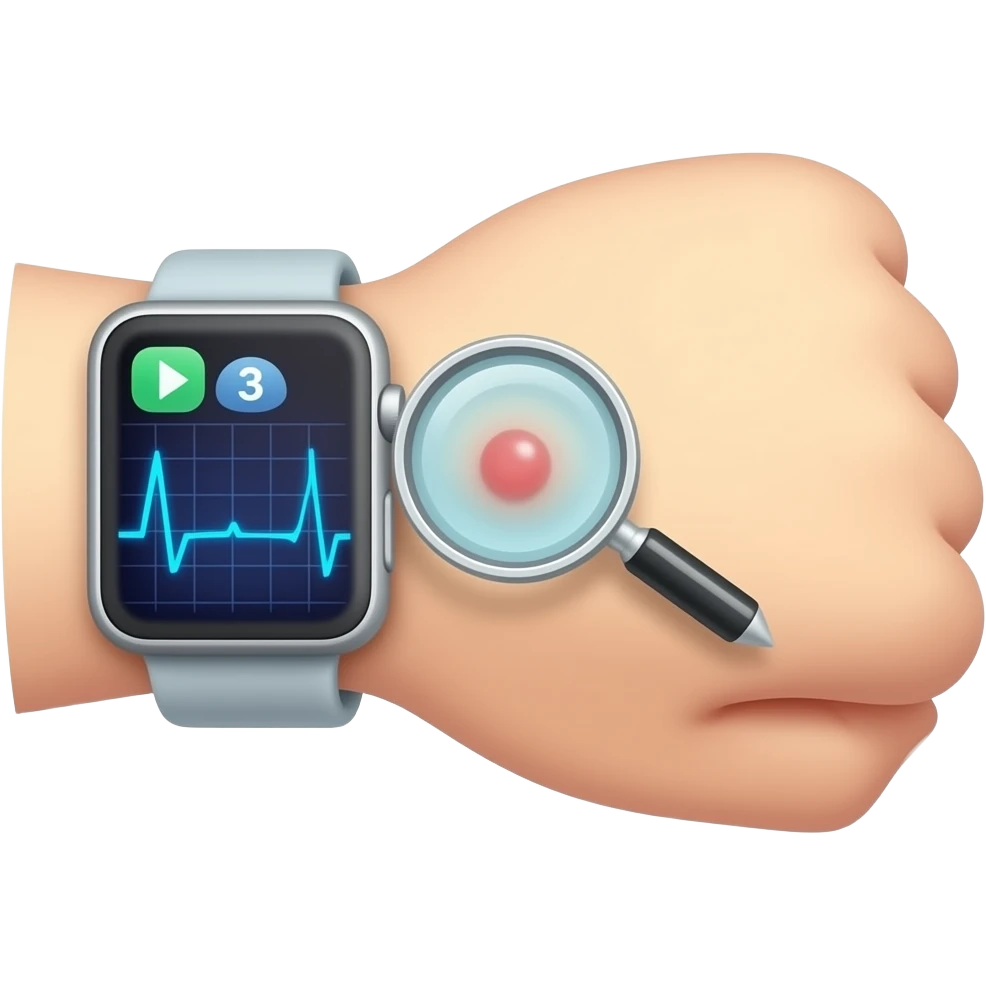 Modern icon showing a stylized patient forearm with a smartwatch detecting heartbeat waveforms and a separate digital magnifying glass scanning a skin lesion. Concept of heart problem detection and skin cancer screening, clean vector art, vibrant blue and white colors. emoji