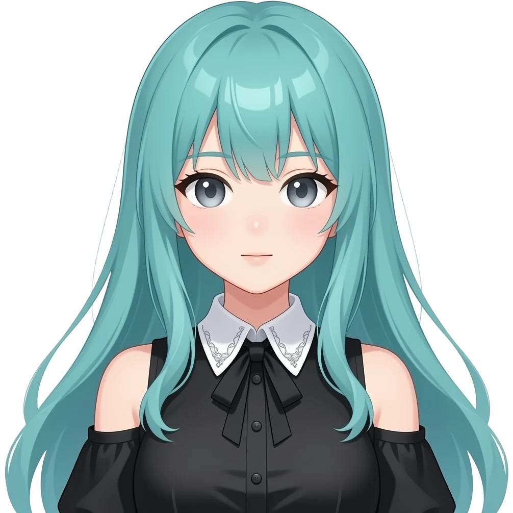 anime girl, passive, long flowing teal hair, grey eyes, black shoulder cyberpunk blouse with fancy white collar emoji
