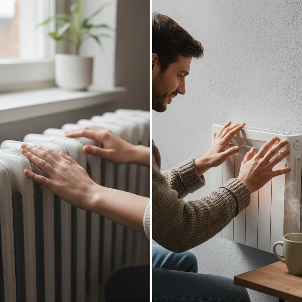 female hands on a heating radiator. man warms his hands by the heater emoji