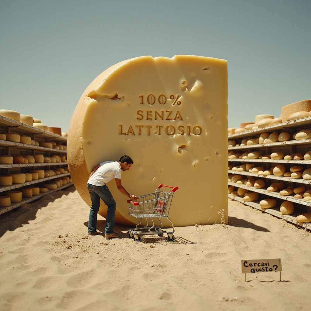 surreal scene of a dairy aisle transforming into a desert, a man reaching for a '100% SENZA LATTOSIO' cheese mirage dissolving into real aged Parmigiano, a sign in the sand saying 'Cercavi questo?', surreal grocery cart in the sand, hyper-realistic, dreamlike atmosphere emoji