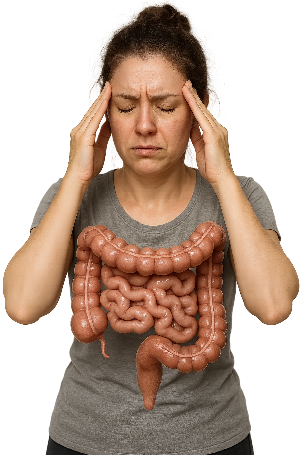 donna molto stanca e stressata che si massaggia le tempie con intestino umano anatomico realistico in evidenza, sfondo bianco, iperrealistico 4k emoji