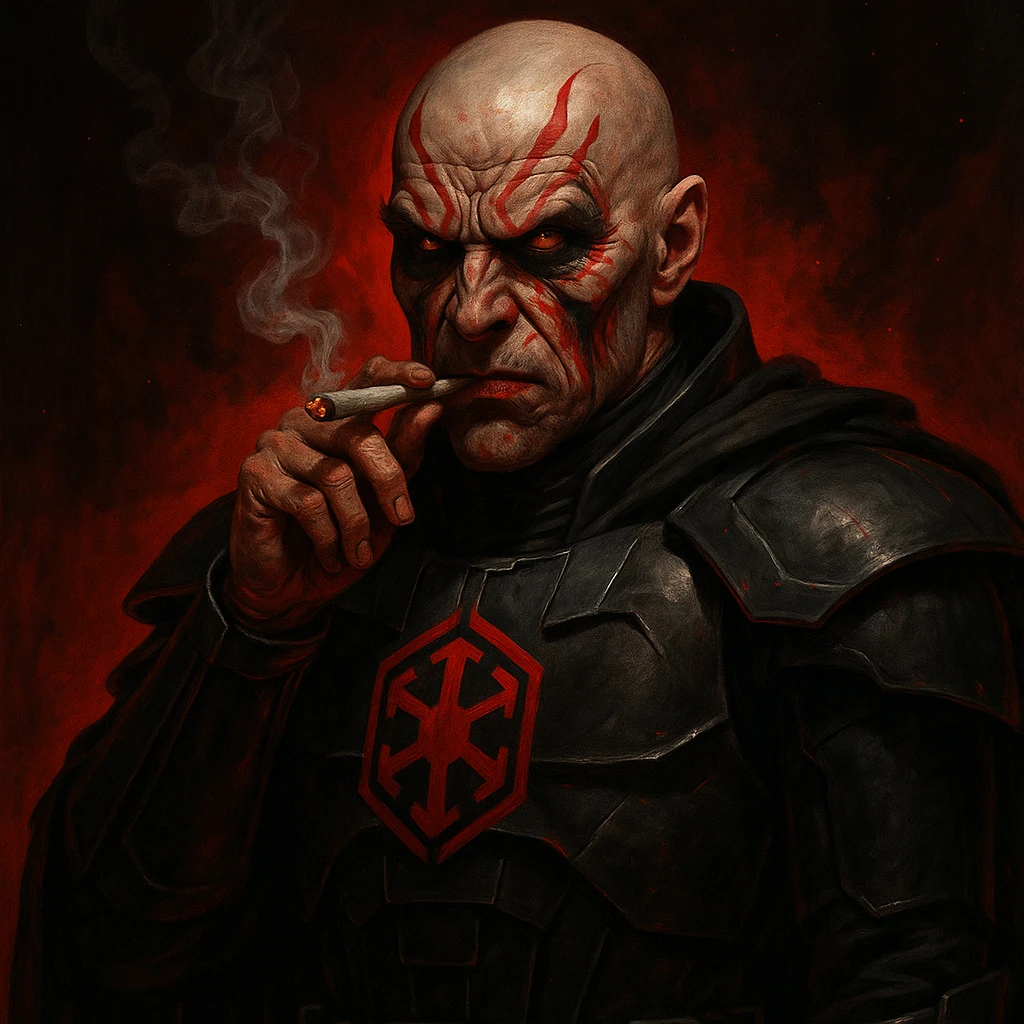 a sinister sith lord in black armor, helmet off, smoking a joint, red and black color scheme, star wars inspired emoji