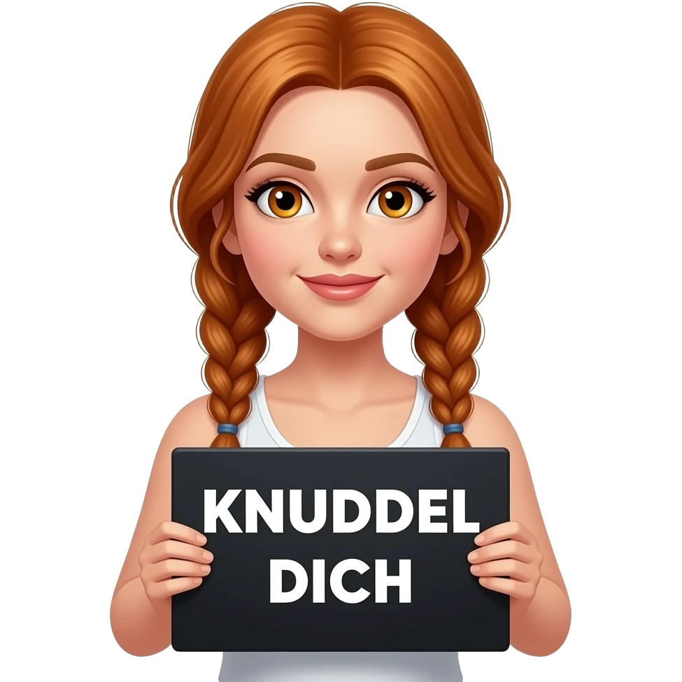 sexy girl with long ginger braids and ginger eyes wearing a white tanktop is holding a black sign with KNUDDEL DICH written on it emoji