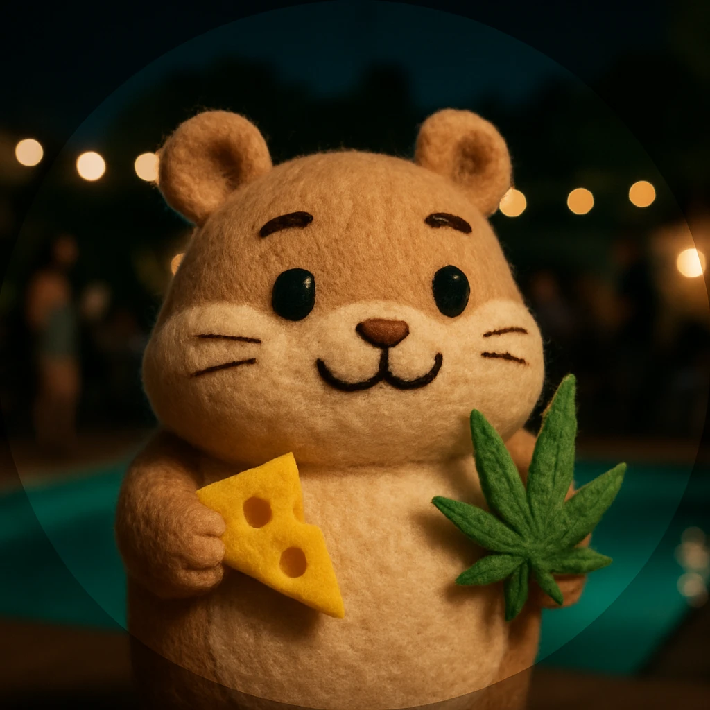 Discord server icon, circular, centered composition of a hamster cult weed and cheese pool party at night, playful and plush, plush portrait style emoji