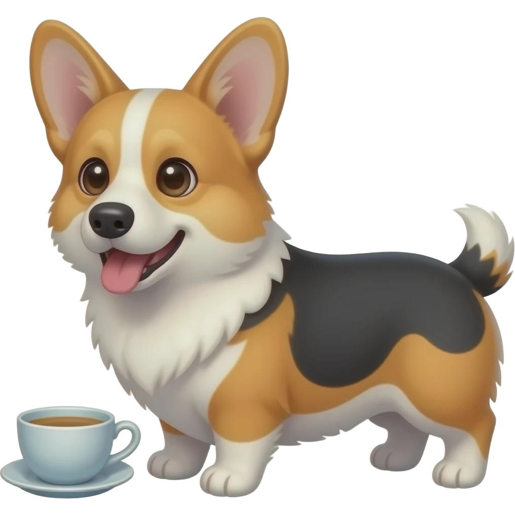 tricolor corgi with tea emoji