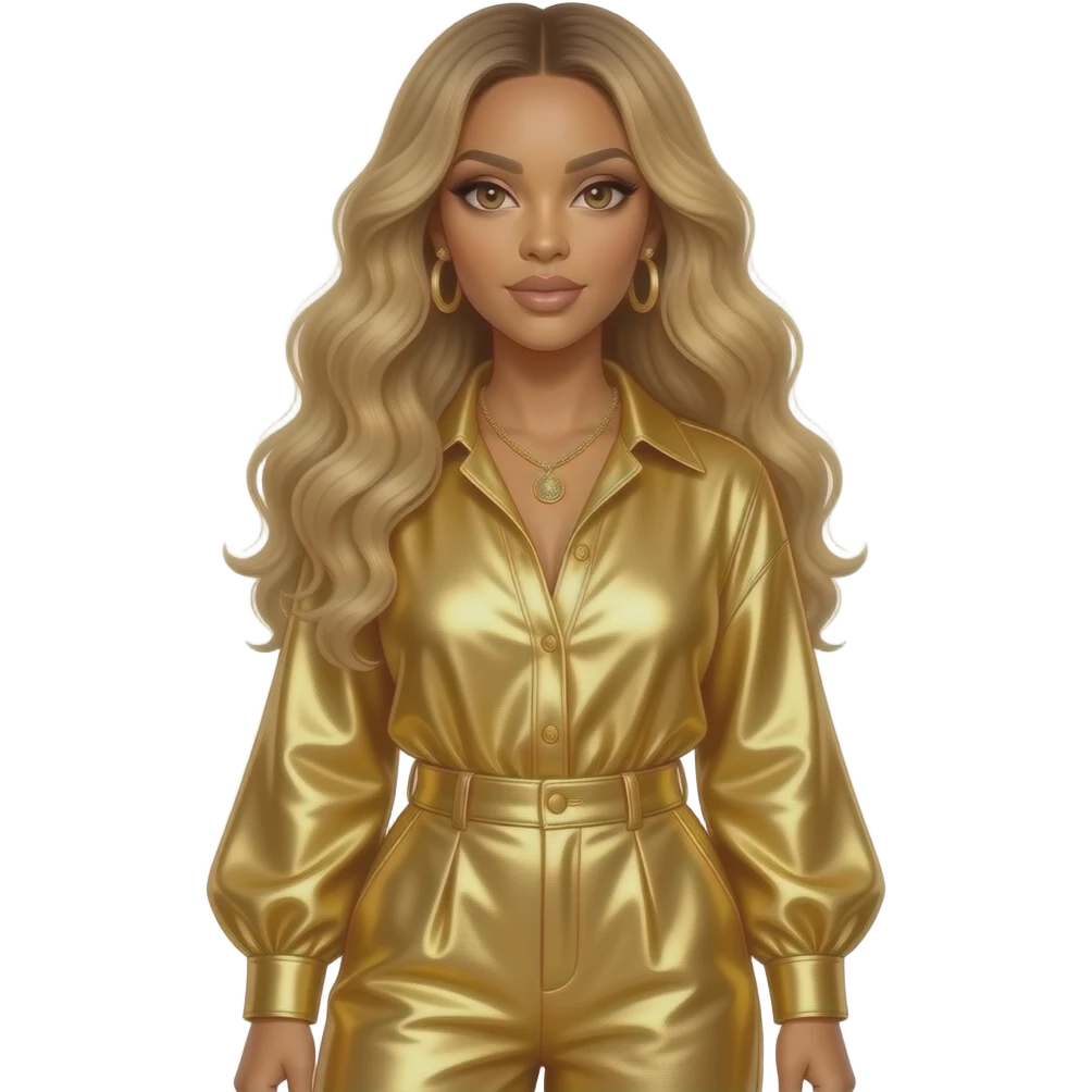 Beyonce with hazel eyes, long strawberry blonde hair, gold metallic blouse, gold metallic baggy wide leg pants, necklace and earrings emoji