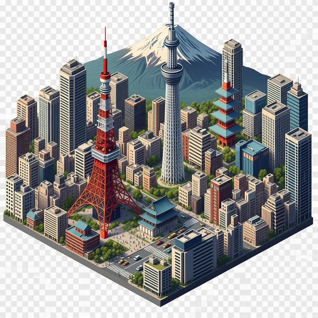Isometric illustration of Tokyo, with photorealistic detailed miniature cityscape included Tokyo Tower, Skytree, Shibuya Crossing, Mount Fuji in background, balanced colors, subtle 3D miniature effect, no cartoonish look, transparent background. emoji