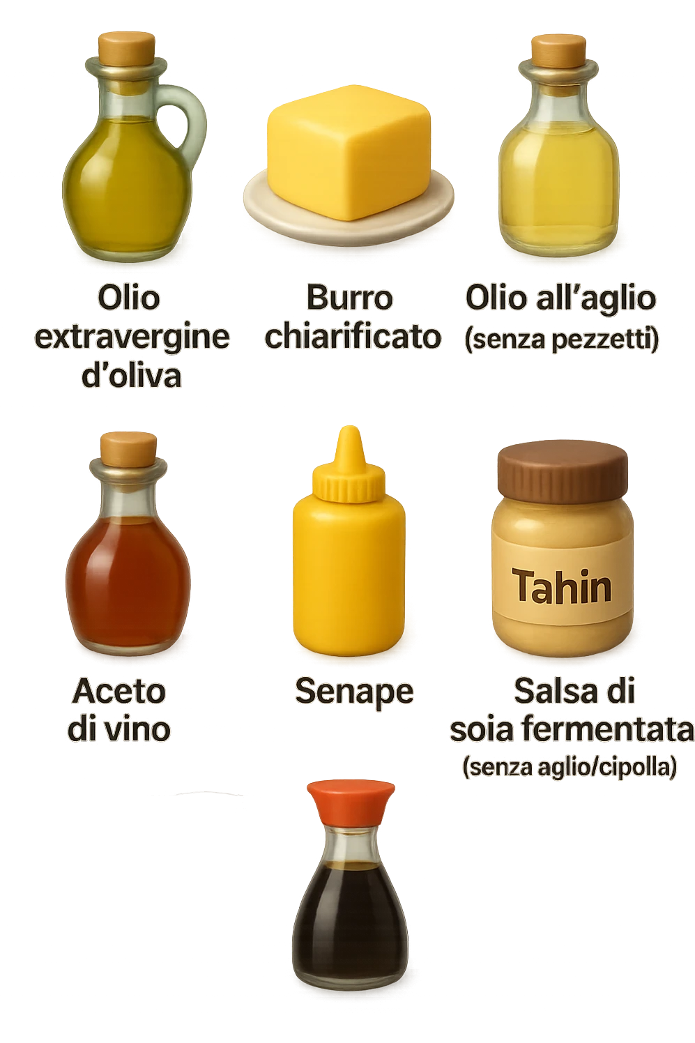 emoji stile iphone 3d di questi elementi che fluttuano in aria sparsi casualmente:

Olio extravergine d’oliva, burro chiarificato
Olio all’aglio (senza pezzetti)
Aceto di vino, aceto di riso, senape, tahin
Salsa di soia fermentata (senza aglio/cipolla)


 che fluttuano sparse casualmente in aria, le etichette dei prodotti scrivile in italiano, iperealistico 4k emoji