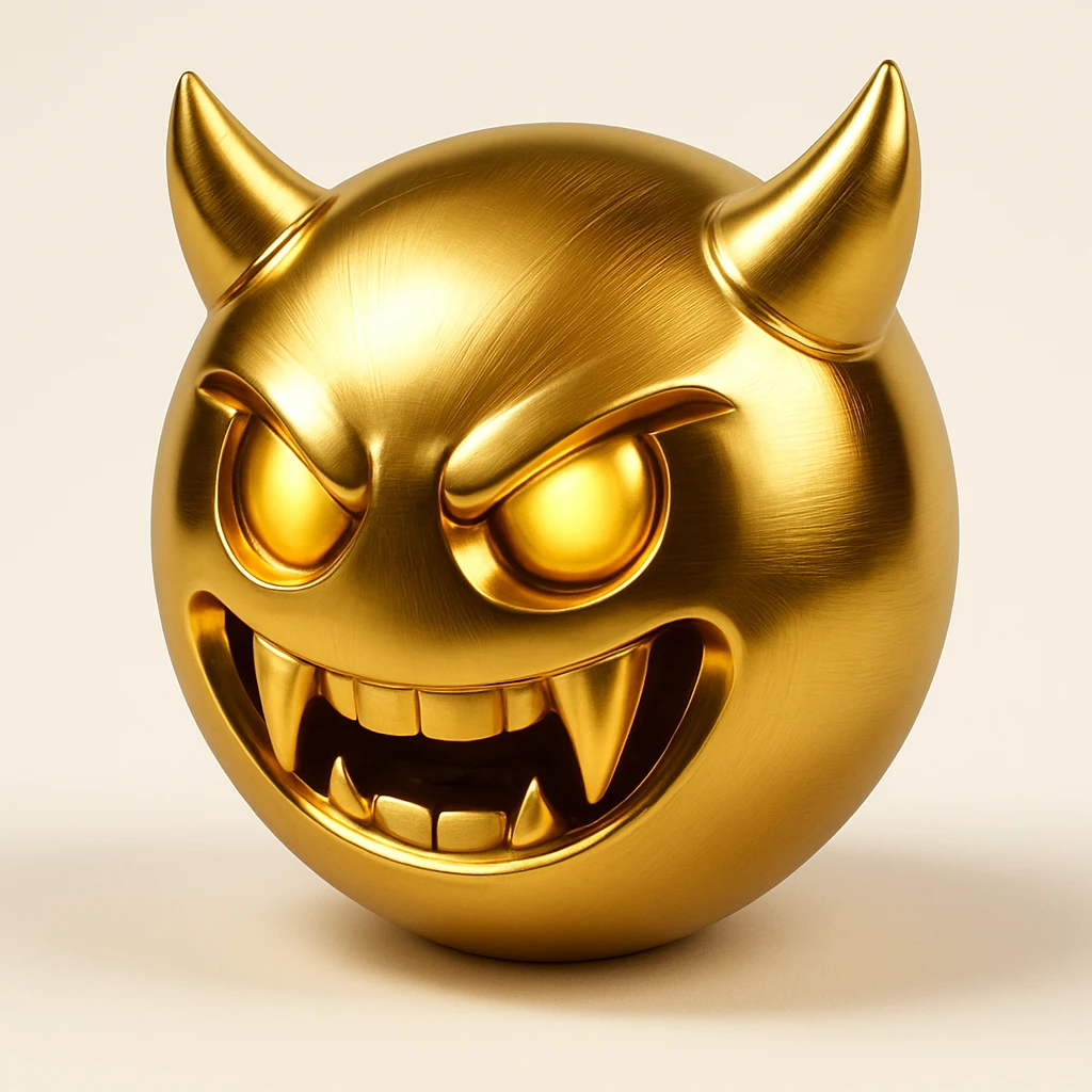 devil emoji, gold and black, sharp fangs, glowing yellow eyes, dramatic shadows, gold effect emoji