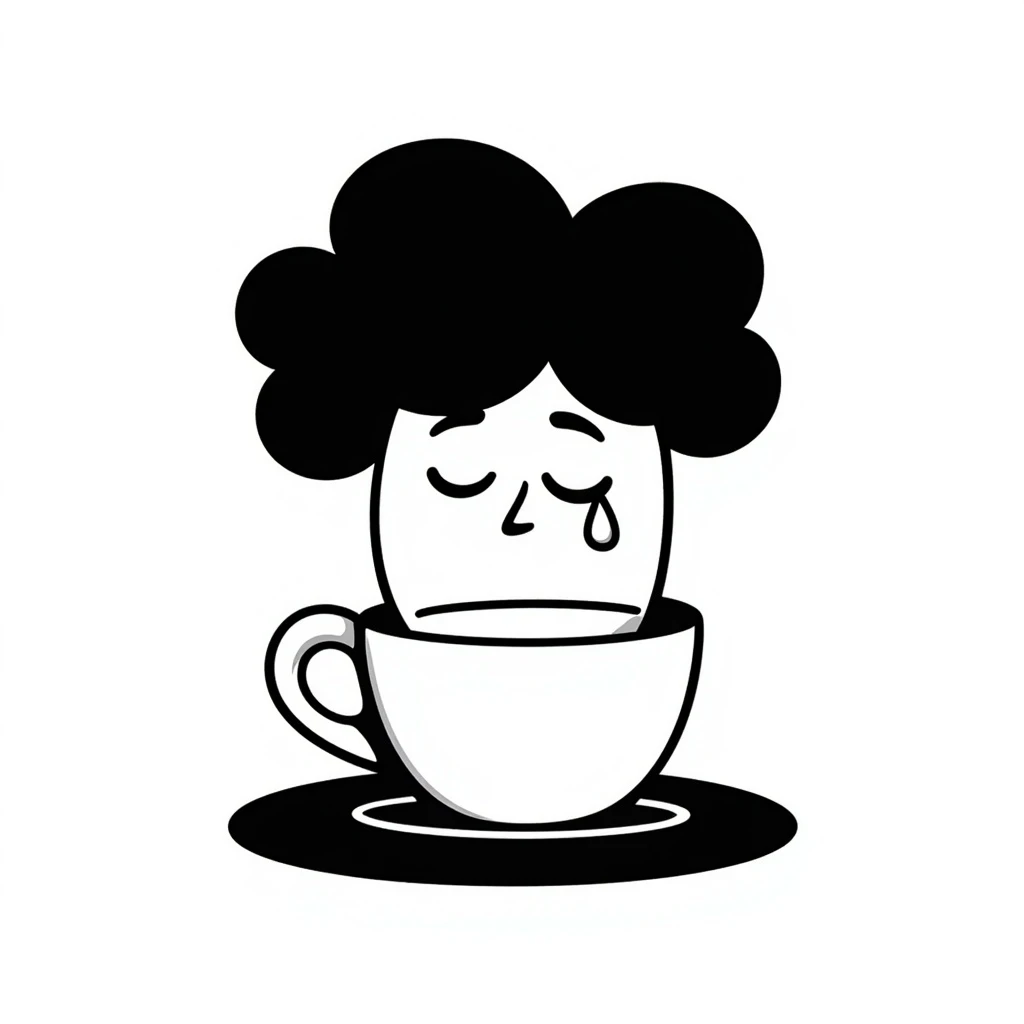 hand drawn doodle of a coffee cup with emo hair and sad expression emoji
