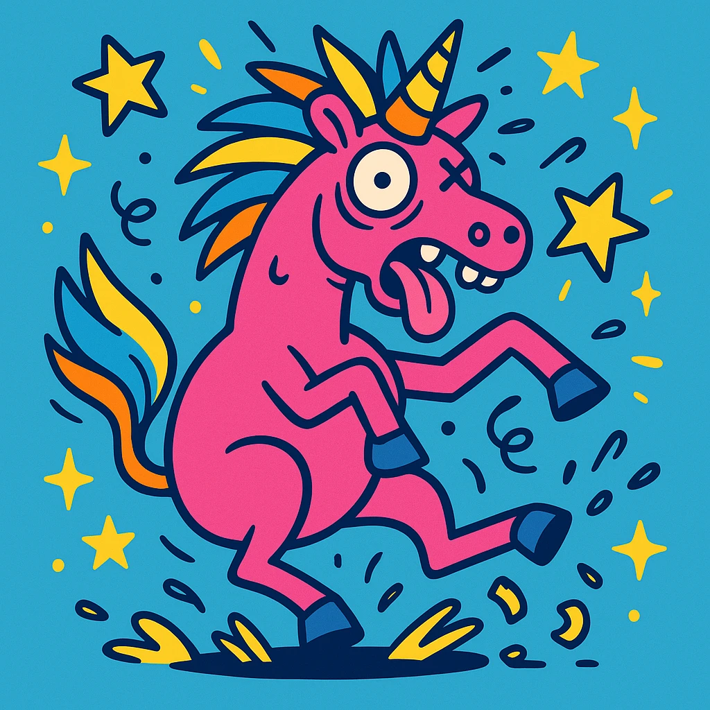 neon pink unicorn, comical disaster, energetic, humorous details, cartoon style, vibrant colors emoji
