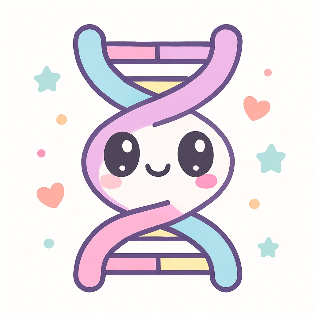 Kannst du mir bitte ein Bild erstellen im Kawaii-Stil? Also ganz übertrieben kitschig, also pastellige Farben mit den Thema Genetik. emoji