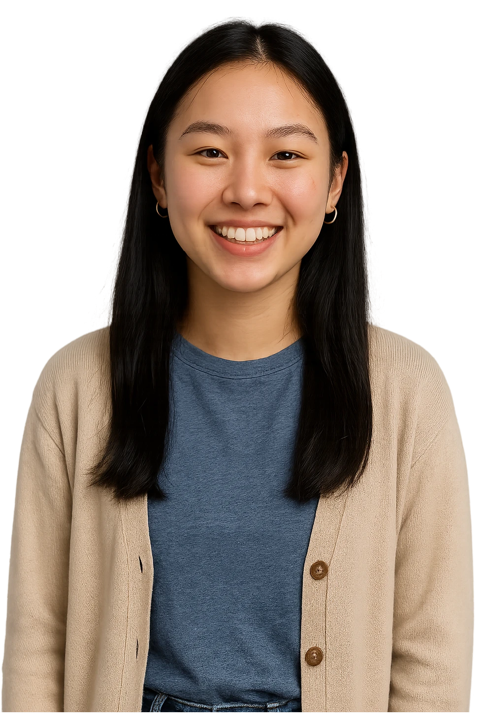 18-year-old Asian Finnish woman, smiling expression, modern casual style, clear facial features, no background emoji