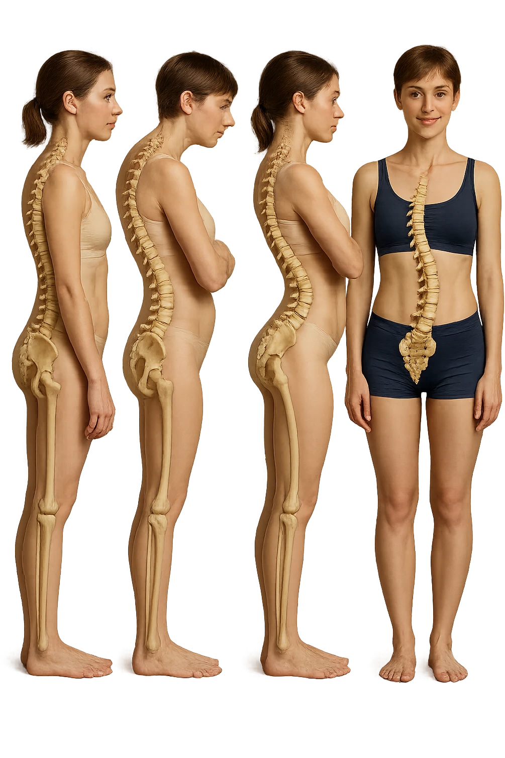 fai un immagine identica che riguarda 3 posture scorrette: scoliosi, ipercifosi e iperlordosi. falla iperrealistica anatomica in 4k con spina dorsale storta in evidenza su ogni figura emoji