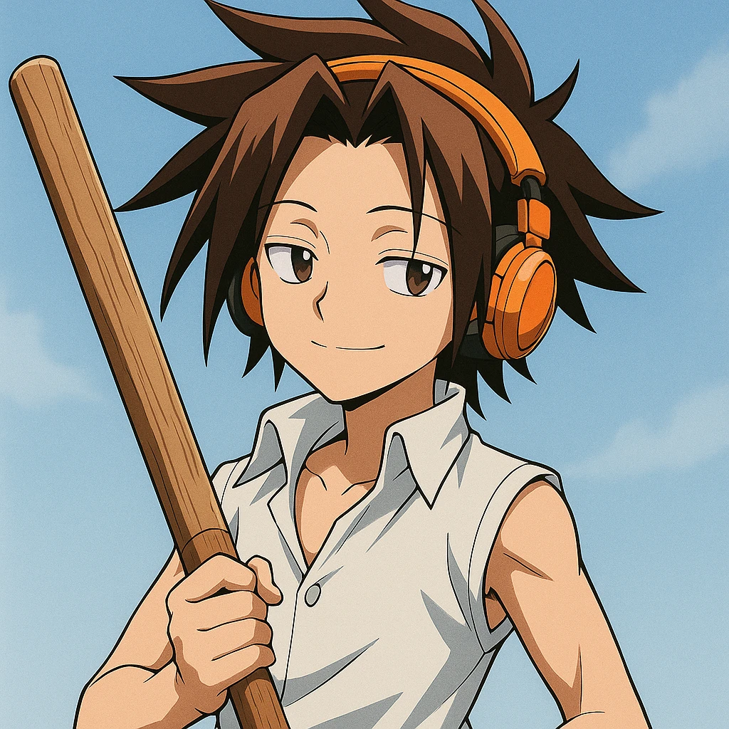 Yoh Asakura, relaxed expression, spiky brown hair, orange headphones, holding a wooden sword, anime style emoji