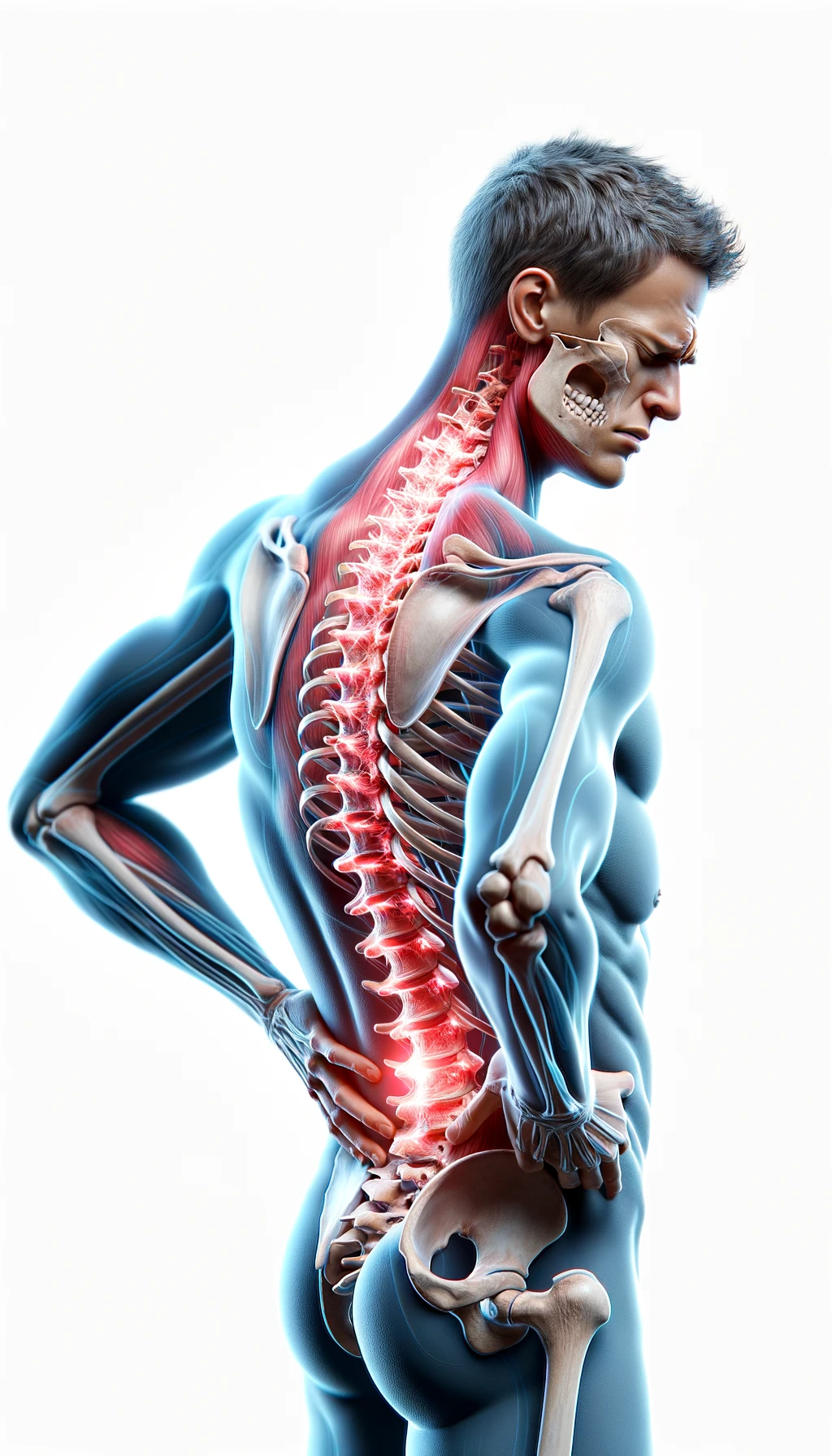 corpo umano anatomico con mal di schiena, espressione di dolore in volto, spina dorsale in evidenza, iperrealistico 4k , sfondo bianco emoji