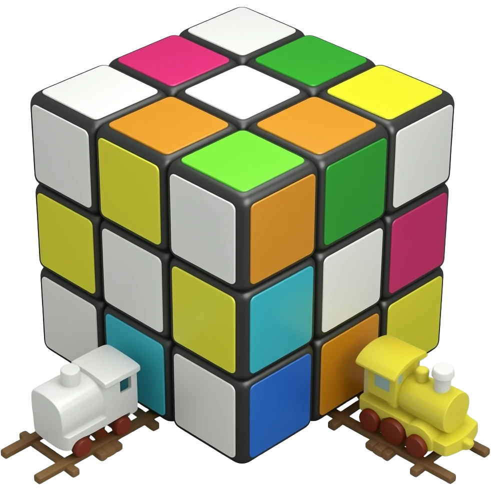 rubik's cube is between toy trains emoji