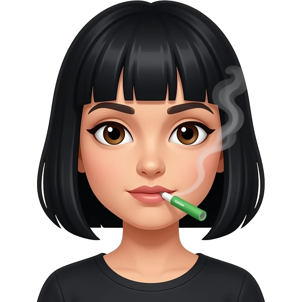 Italian girl black bob dark brown eyes vaping a green Cali disposable box vape emoji