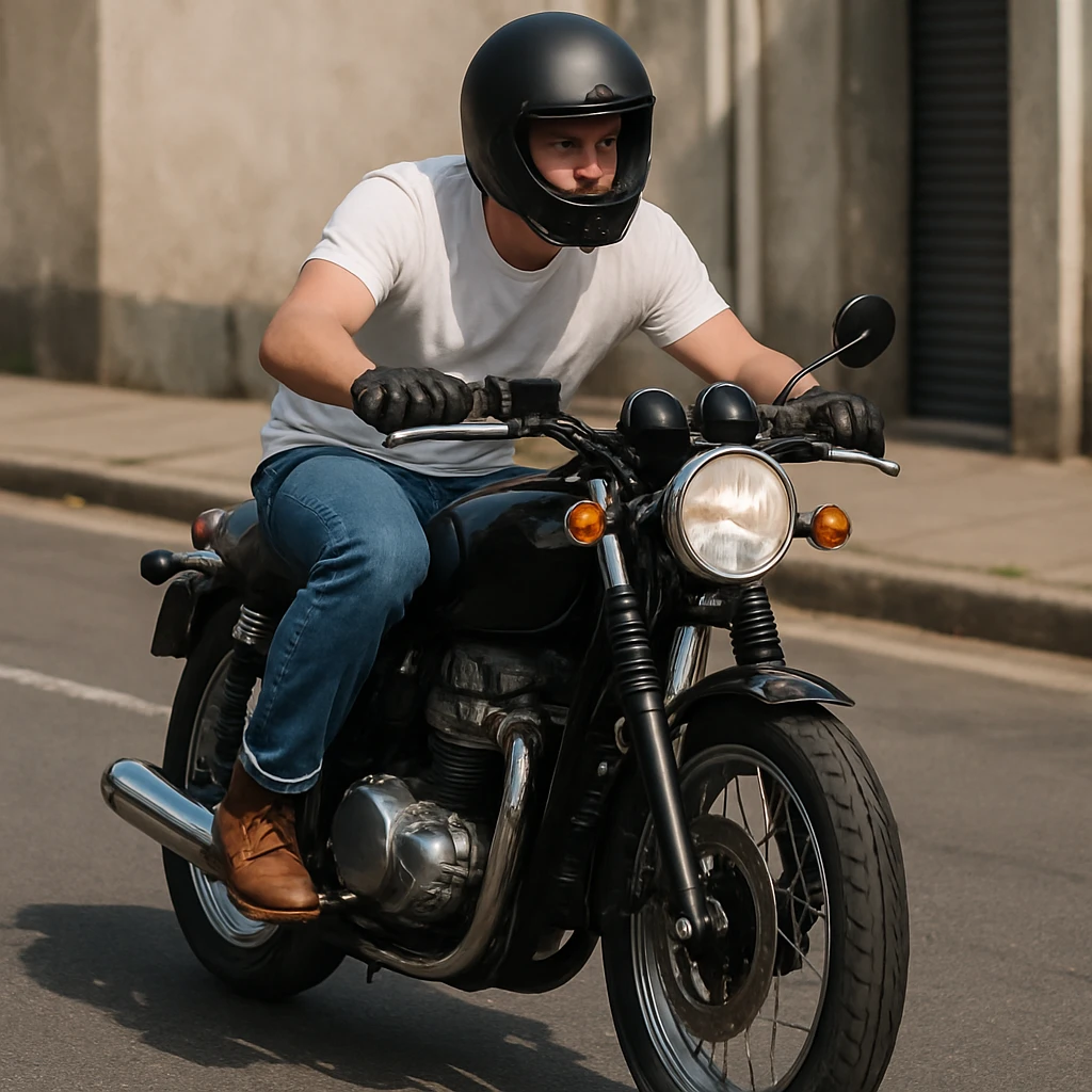 A motorcycle rider in maong pants and a white shirt. emoji
