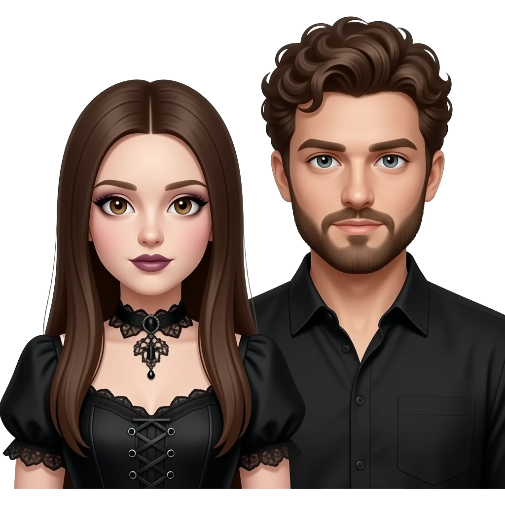 realistic pretty pale skin long straight brown hair girl brown eyes long face wearing gothic dress and gothic makeup HD and her man short brown curly hair and beard emoji
