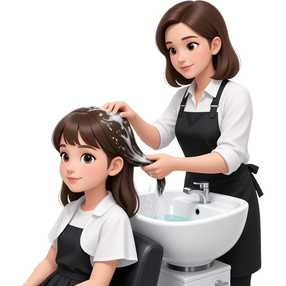 Realistic girl sitting at a hair salon sink while a hairdresser washes her hair, salon interior visible in the background with mirrors and chairs, professional hair salon, natural lighting, realistic style emoji