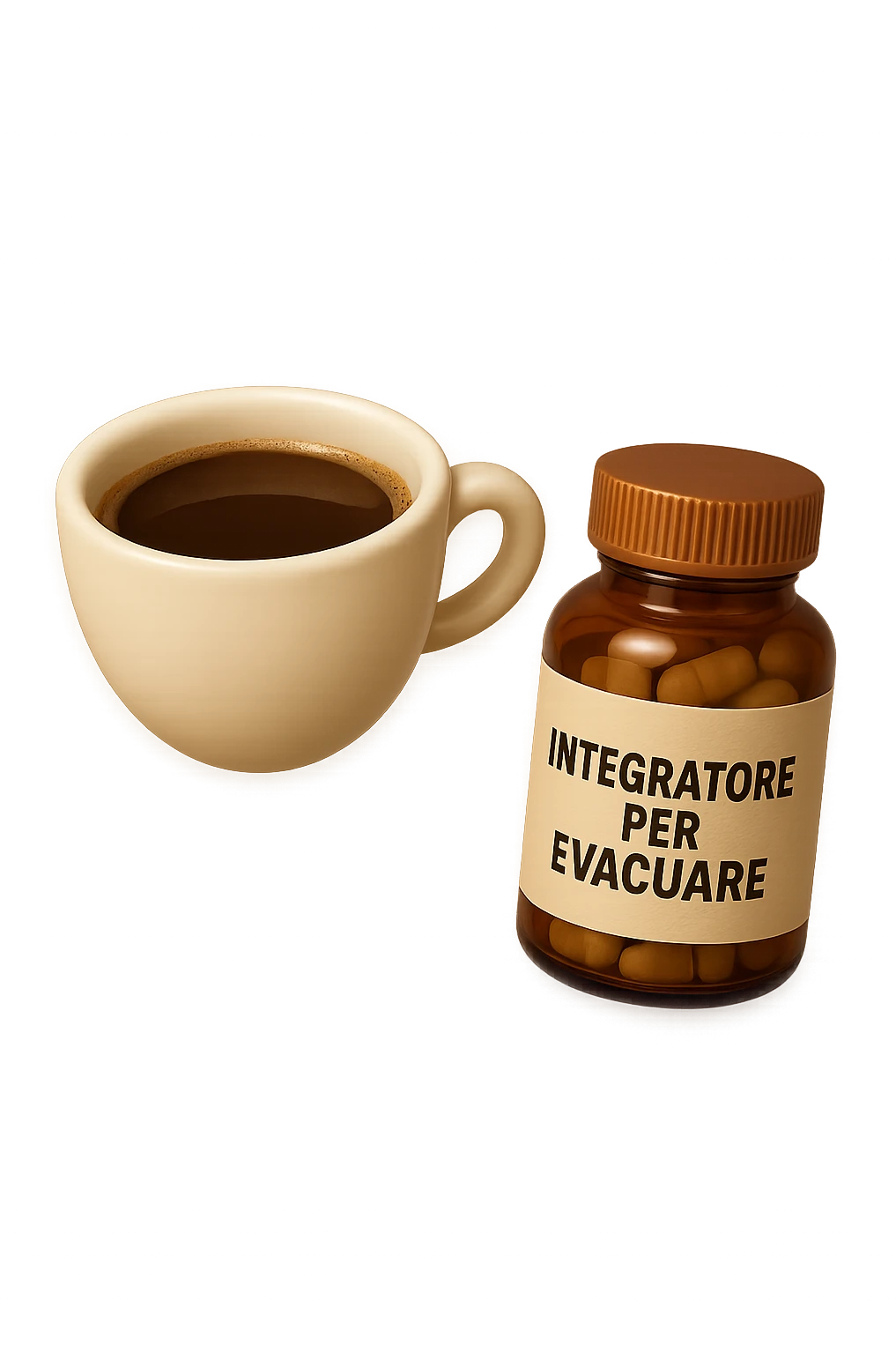 EMOJI STILE IPHONE 3D DI un caffè e di una boccetta di integratore con la scritta "INTEGRATORE PER EVACUARE" SULL'ETICHETTA CHE FLUTTUANO IN ARIA, iperrealistico 4k emoji
