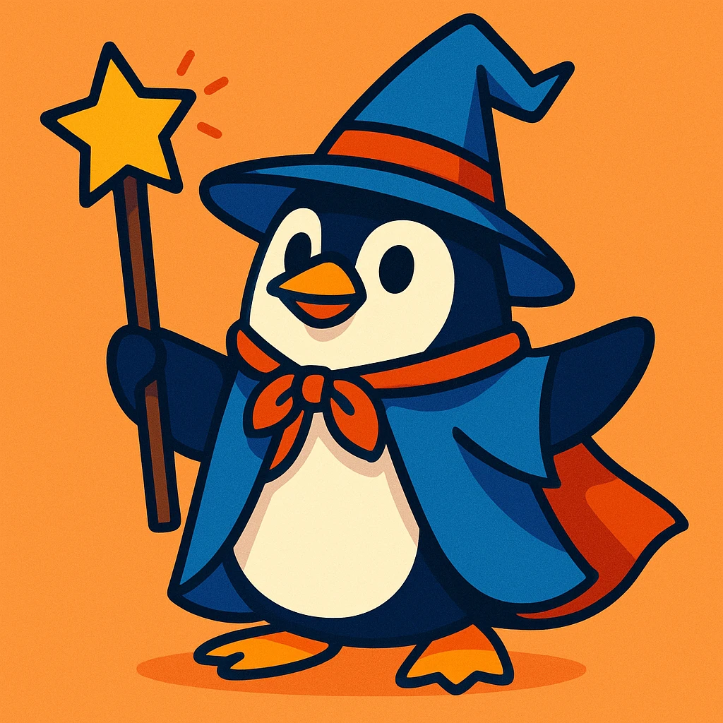 a penguin dressed as a wizard, with a pointy hat and a magic staff, fun whimsical style emoji