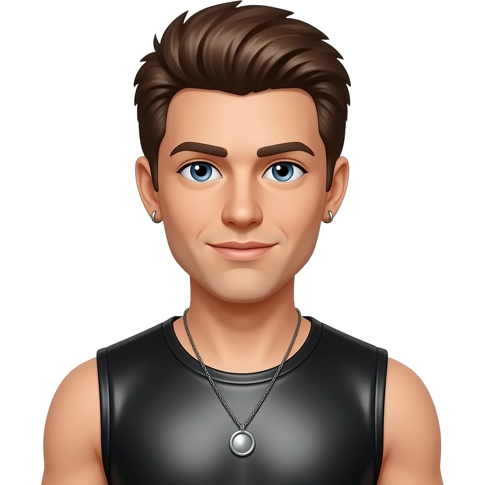 Jacob Underwood from O-Town with blue eyes, brown hair, black metallic sleeveless shirt, necklace and earrings emoji
