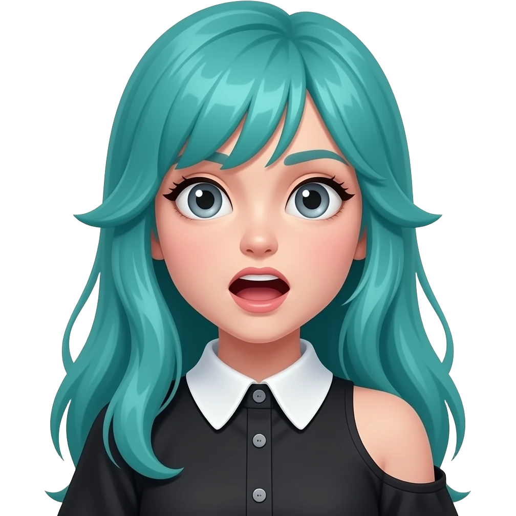 girl, goofy, long flowing teal hair, grey eyes, black shoulder cyberpunk blouse with fancy white collar emoji