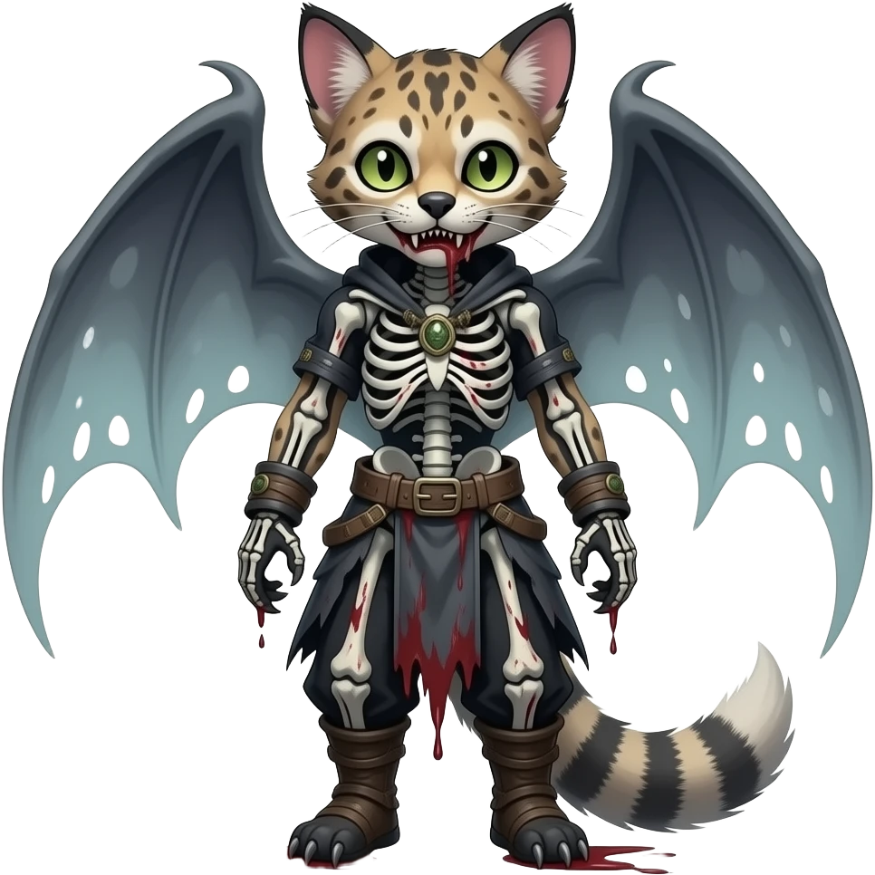 evil zombie-like swampy ghostly dull spectral edgy spooky bloody meager thin cool beautiful skeleton-fantasy-caracal-civet-genet-sergal-vernid-Gryphon-Cacomistle-Trico-oncilla-animal-Fakémon-hybrid-fursona (full body) emoji
