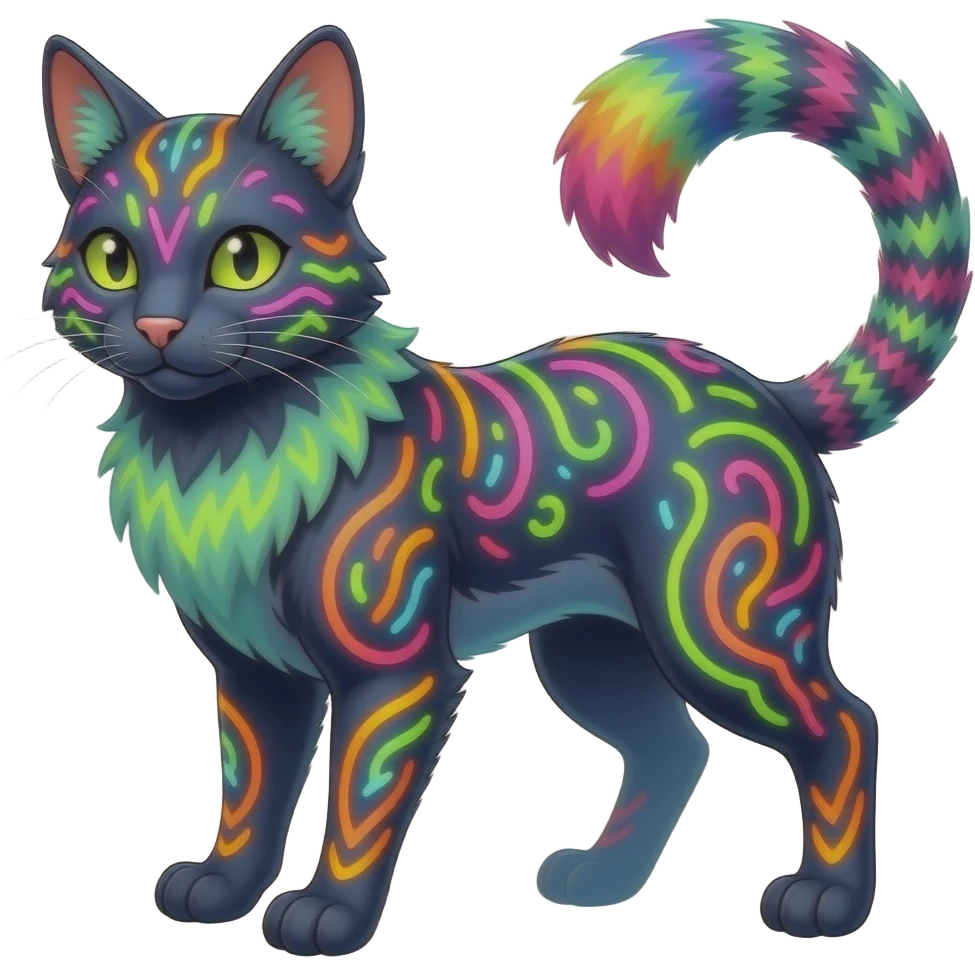 Neon-colored fantasy feline-Fionbri-canid-rodent-marsupial-critter-vernid-fursona animal creature full body with intricate markings emoji