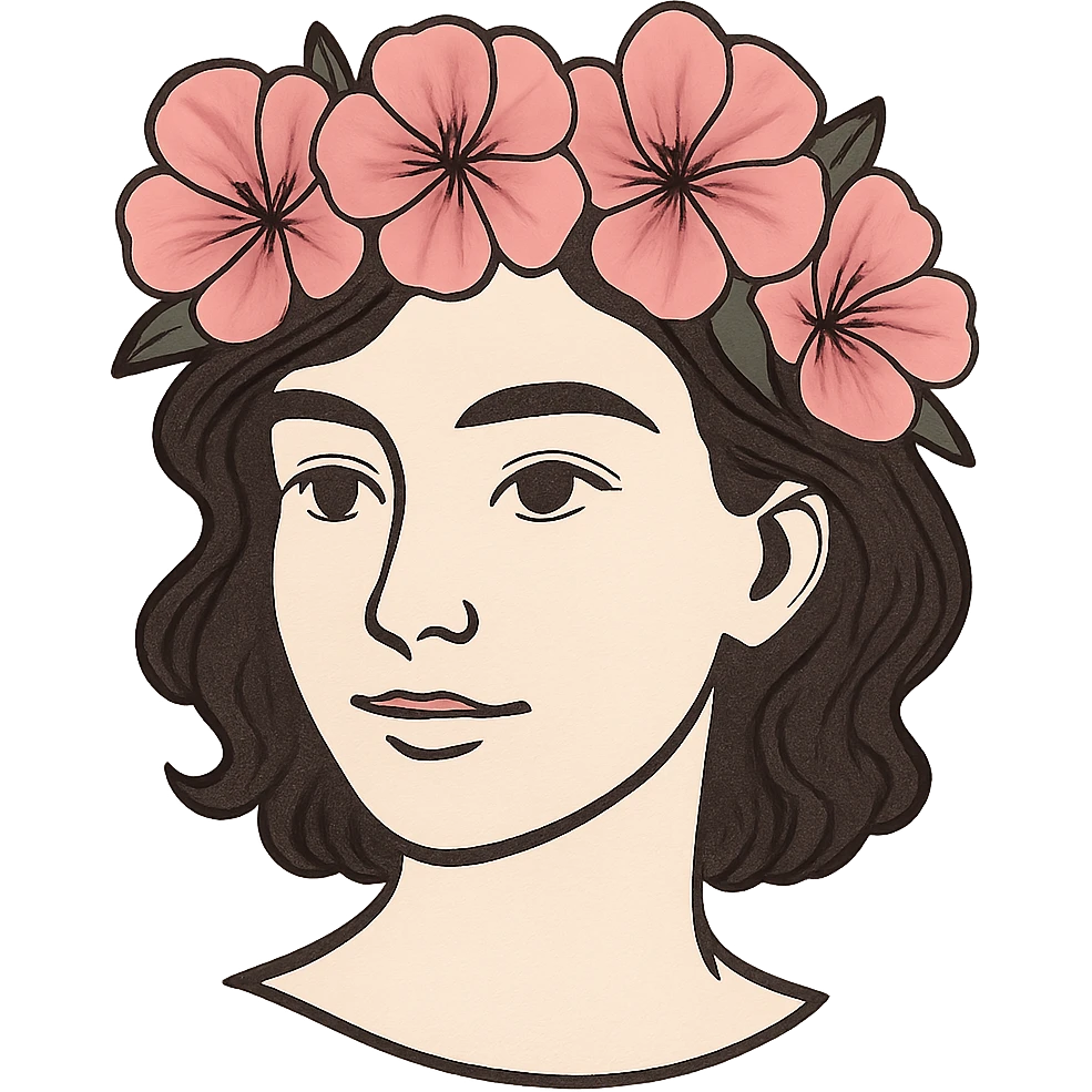 face with pink flower crown, digital illustration emoji
