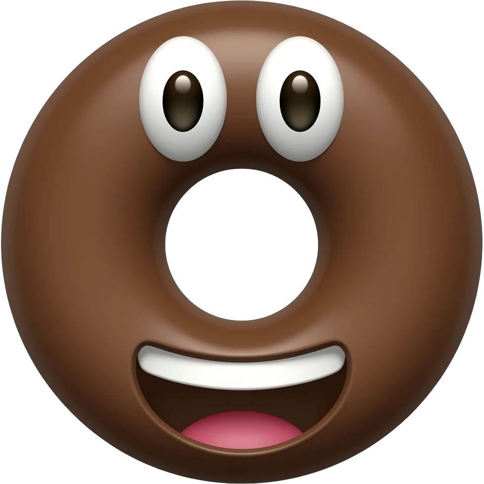 a brown chocolate hoop with some rough texture with fun emoji eyes and open mouth emoji