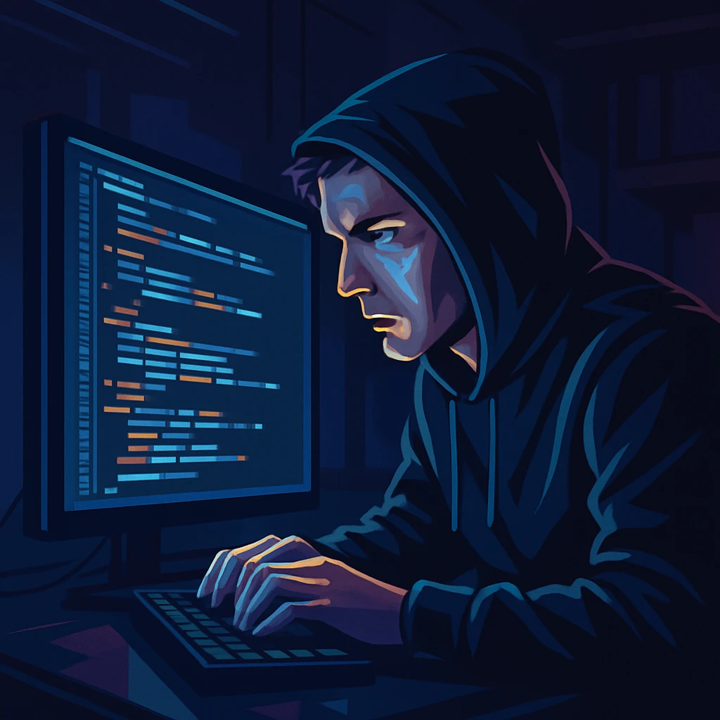 programmer in a dark hoodie, focused at a computer, modern digital art style emoji