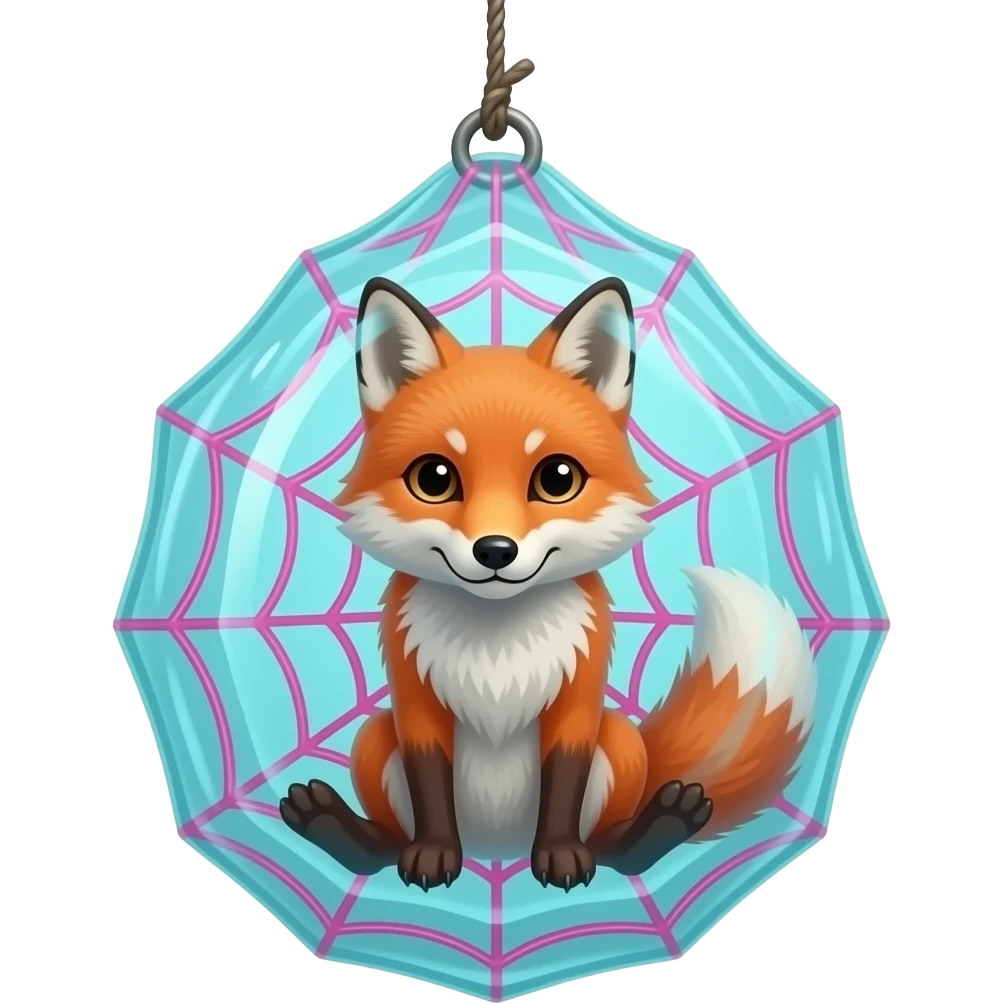 thick cyan and pink spider web cocooned whole fox body and head completely covered with thick huge layers of non-transparent cyan and pink spider web slik  fox like cocoon hanging upside down emoji